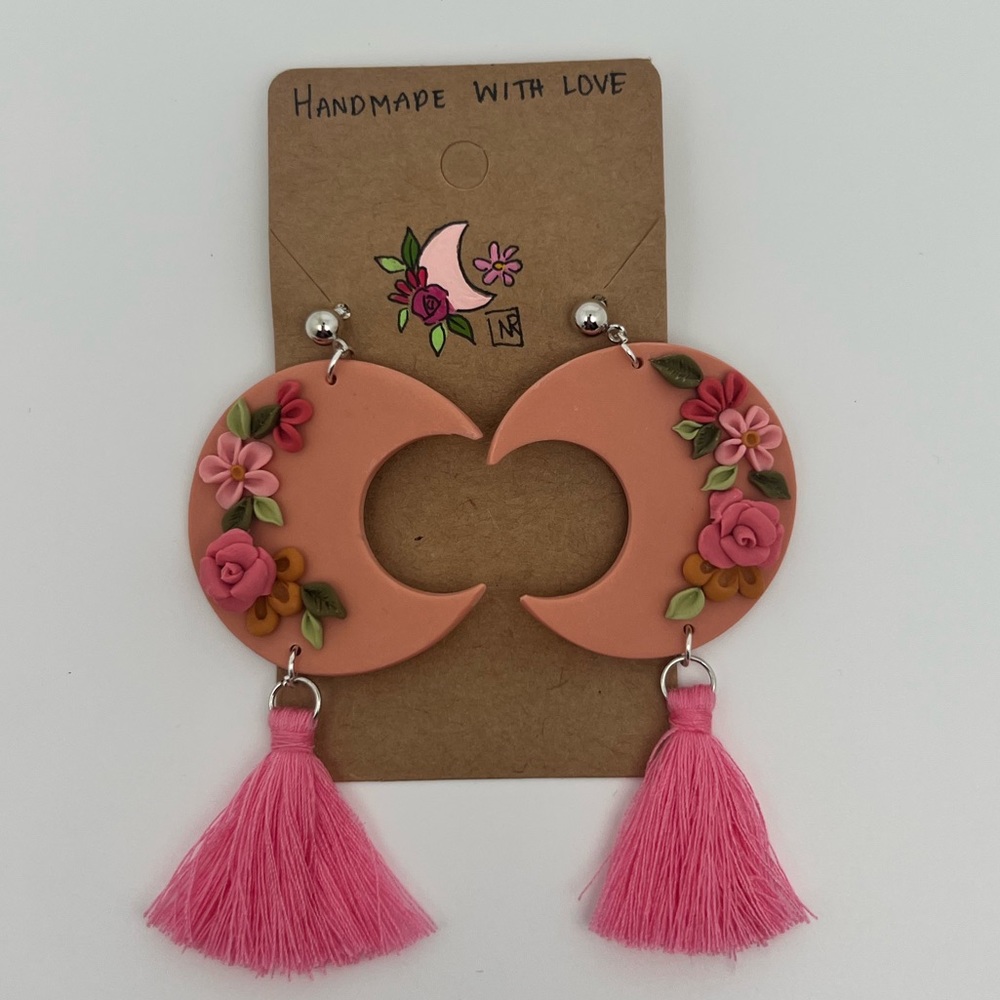 Handmade polymer clay Statement Floral Moon Earrings